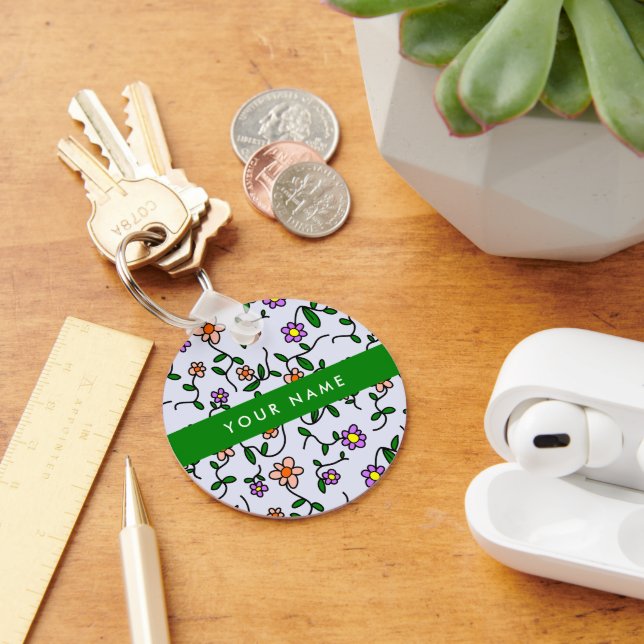 Färgblommor, blå bakgrund, Grönt Nyckelring (Skrivbord)