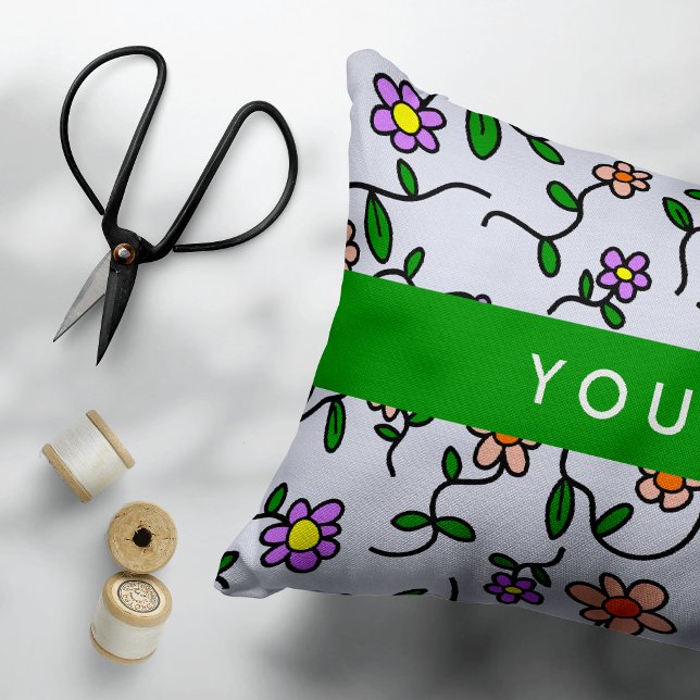 Färgblommor, blå bakgrund, Grönt Prydnadskudde (Skapare uppladdad)