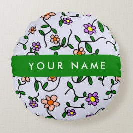 Färgblommor, blå bakgrund, Grönt Rund Kudde