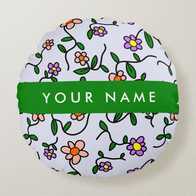 Färgblommor, blå bakgrund, Grönt Rund Kudde (Framsidan)