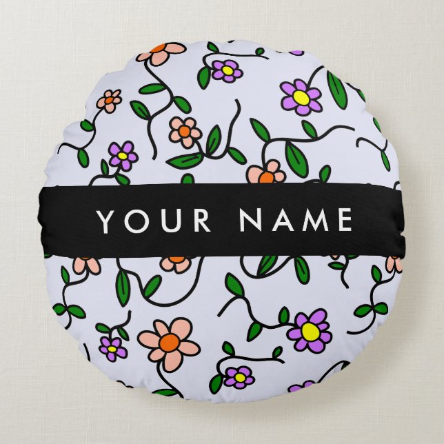 Färgblommor, blå bakgrund, svart rund kudde (Framsidan)