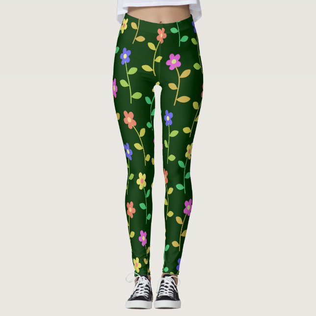 Färgblommor, Blommönster, Greenery, Boho Leggings (Framsida)