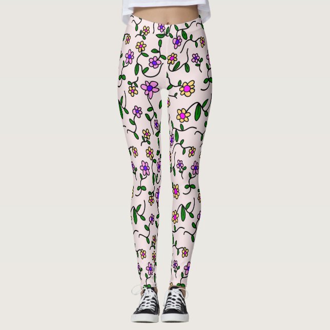 Färgblommor, Blommönster, Greenery, Boho Leggings (Framsida)