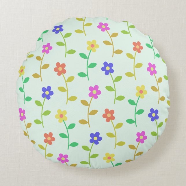 Färgblommor, Blommönster, Greenery, Boho Rund Kudde (Framsidan)
