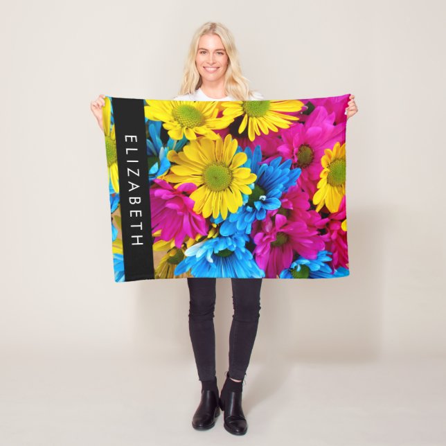 Färgblommor, Daisy, Boho, ditt namn Fleecefilt (På plats)
