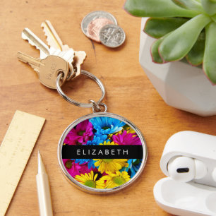 Färgblommor, Daisy, Boho, ditt namn Rund Silverfärgad Nyckelring