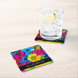 Färgblommor, Daisy, Boho, ditt namn Underlägg Papper Kvadrat