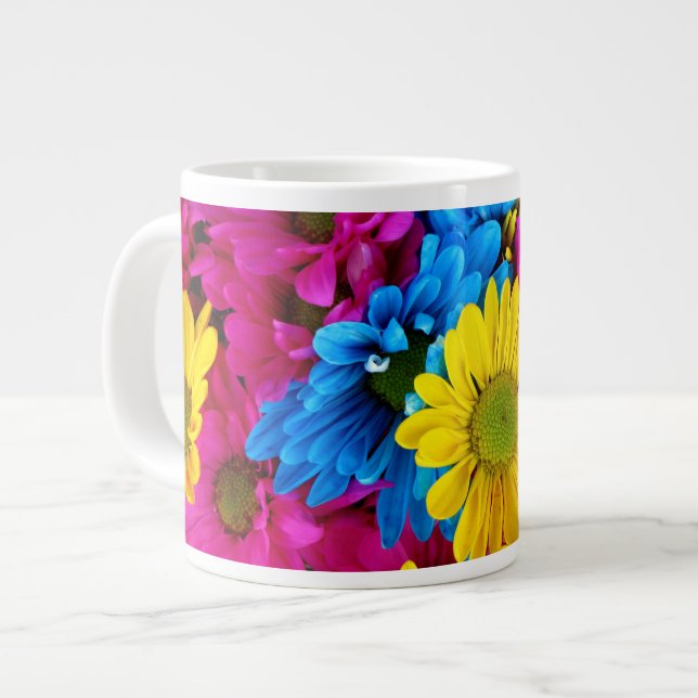 Färgblommor, Daisy - Rosa av blå Gult Jumbo Mugg (Framsida vänster)