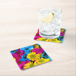 Färgblommor, Daisy - Rosa av blå Gult Underlägg Papper Kvadrat