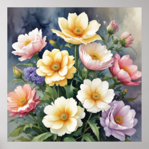 Färgblommor Elegant Vattenfärgsfärgning Poster