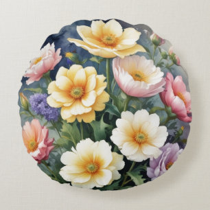 Färgblommor Elegant Vattenfärgsfärgning Rund Kudde