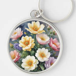 Färgblommor Elegant Vattenfärgsfärgning Rund Silverfärgad Nyckelring