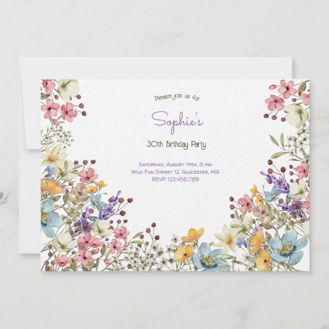 Färgblommor från Meadows vuxen Birthday-inbjudan Inbjudningar (Framsida)