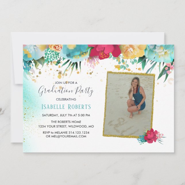 Färgblommor Guld Gnistra Glitter Studenten Inbjudningar (Framsida)