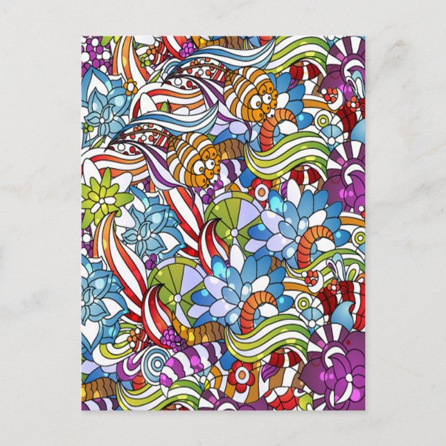 Färgblommor i coola lämnar snurrar hjul punkter vykort (Framsida)