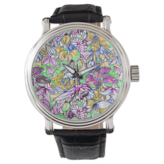 Färgblommor i färglös abstrakt armbandsur (Framsida)
