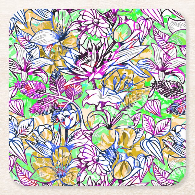 Färgblommor i färglös abstrakt underlägg papper kvadrat (Framsidan)