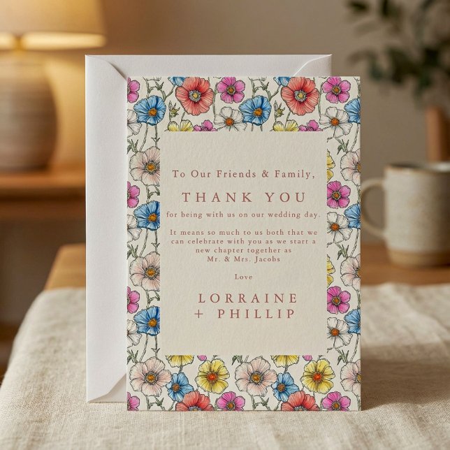 Färgblommor i färglös vild mönster bröllop tack kort (Colourful wild flowers seamless pattern wedding thank you card.)