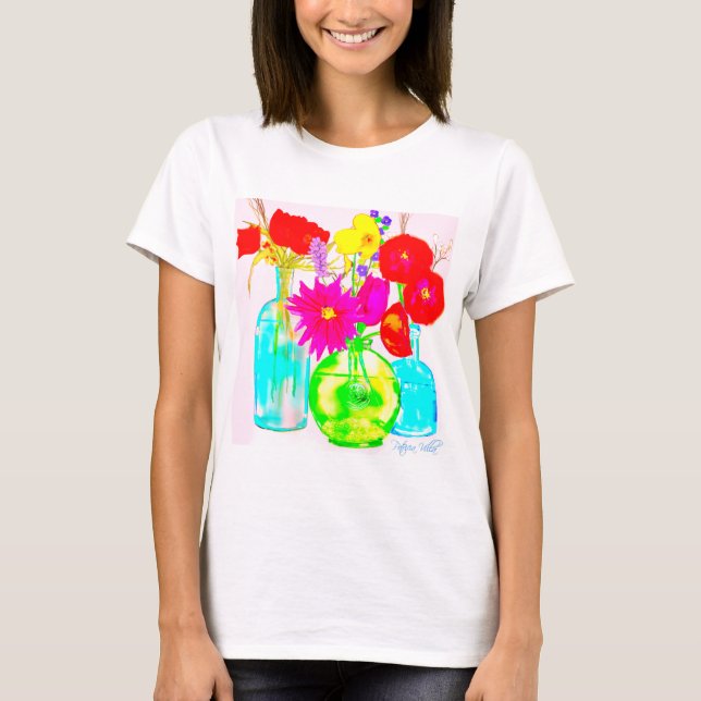 Färgblommor i Flaskor på T-Shirt (Framsida)