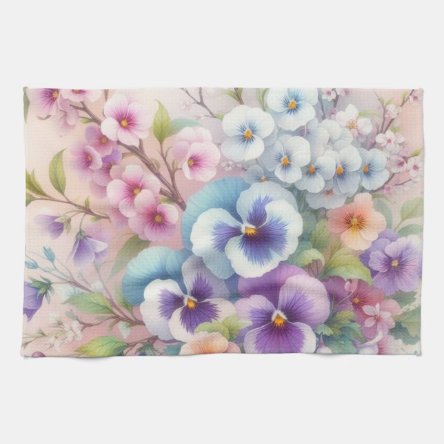 Färgblommor i mjuka pastellfärgade färger, vattenf kökshandduk (Horisontell)