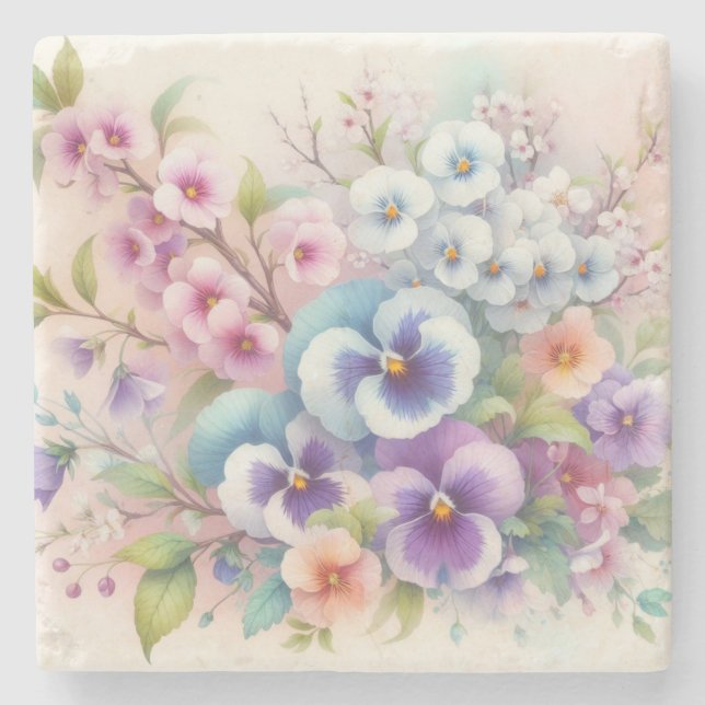 Färgblommor i mjuka pastellfärgade färger, vattenf stenunderlägg (Framsidan)