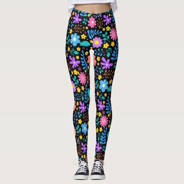 Färgblommor i mousserande stjärnor mönster Black Leggings (Framsida)