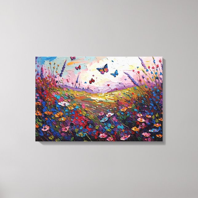 Färgblommor Meadow med fjärilar Canvastryck (Framsida)