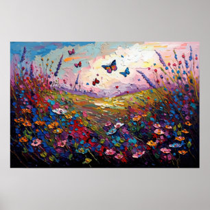 Färgblommor Meadow med fjärilar Poster