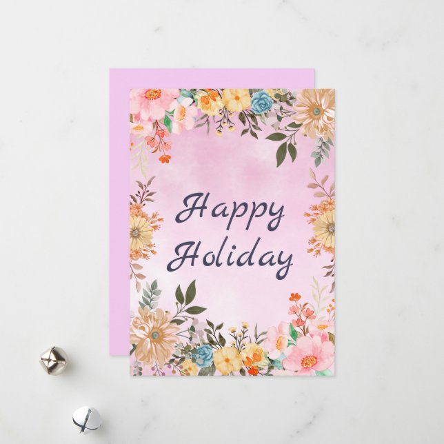 Färgblommor med Lycklig Helgdag typografi Julkort (Fram/Back In Situ)