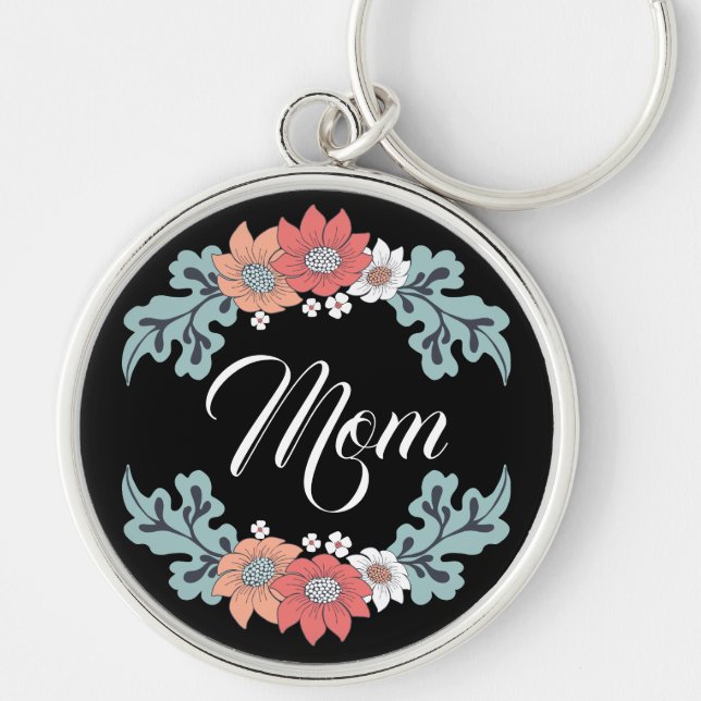 Färgblommor med nyckelkedjan Mamma Rund Silverfärgad Nyckelring (Framsidan)