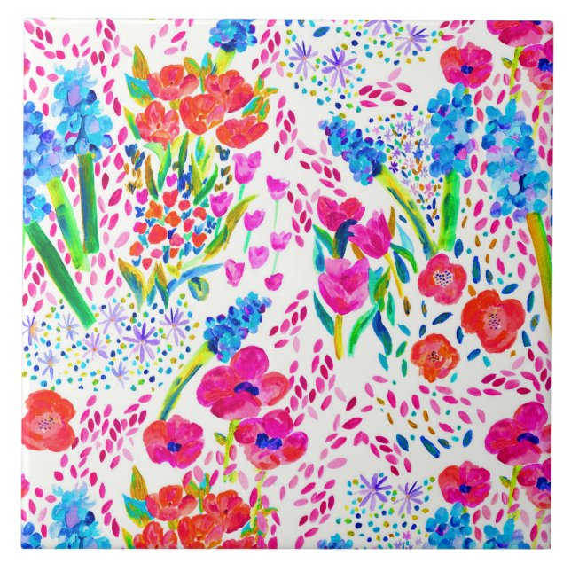 Färgblommor med rött färgämne mönster kakelplatta (Framsidan)