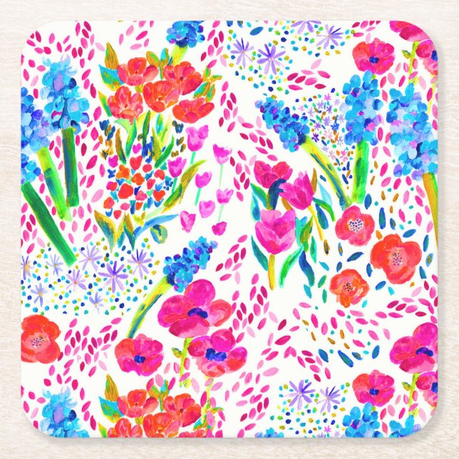 Färgblommor med rött färgämne mönster underlägg papper kvadrat (Framsidan)