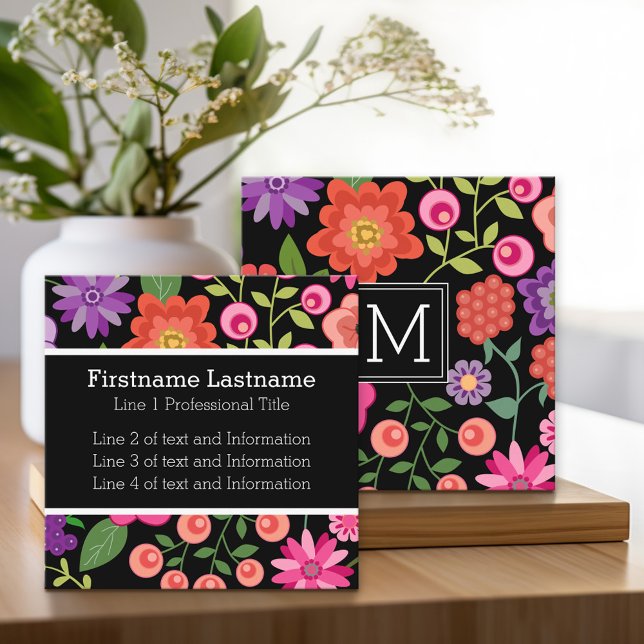 Färgblommor med svart bakgrundsmonogram fyrkantigt visitkort (square printed custom business card)