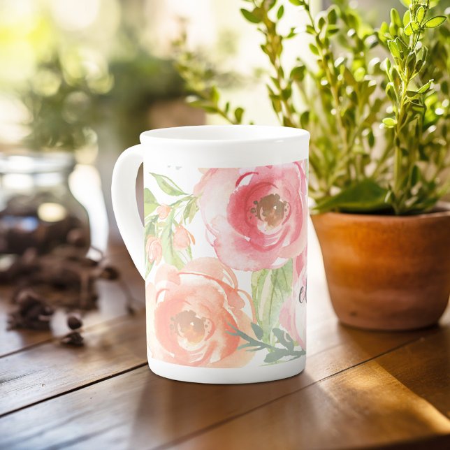 Färgblommor, Namn, färgad Benporslin Mugg (Personalized mug with photos and text, customize completely in the advanced design area)