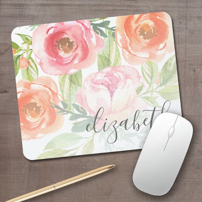 Färgblommor, Namn, färgad Musmatta (Personalized Mousepad - Add Your name to this watercolor flower design)