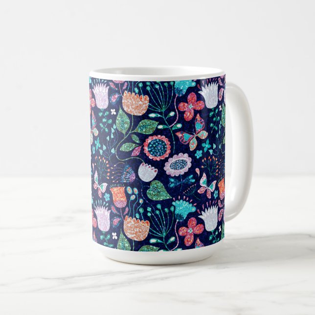 Färgblommor och fjärilar av vintage mönster kaffemugg (Framsida höger)