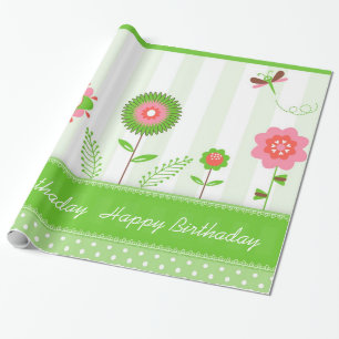 Färgblommor och fjärilar- Grattis på födelsedagen Presentpapper