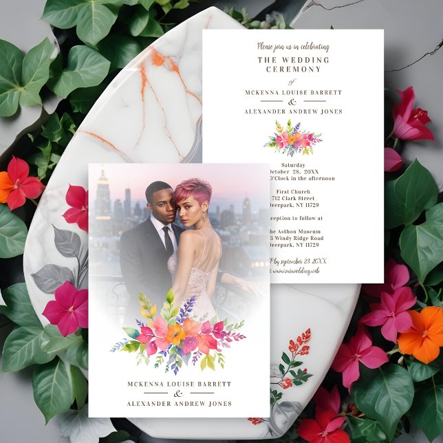 Färgblommor och fotofoto av lövkolv inbjudningar (Cherish Colorful Flowers & Foliage Garland Photo Wedding Invitations Cards. )