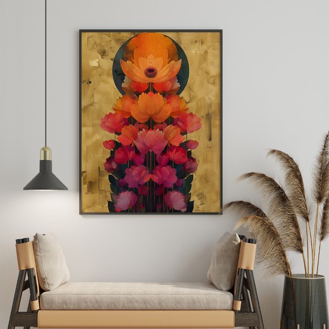 Färgblommor och full månmålning poster (Colorful Flowers and Full Moon Painting Poster in a boho living room.)