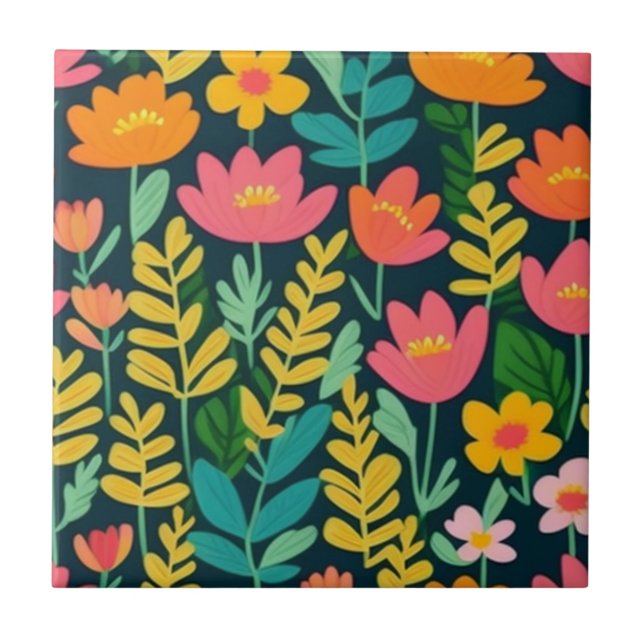 Färgblommor och löv kakelplatta (Framsidan)