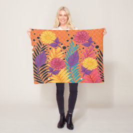 Färgblommor och löv på svart bakgrund fleecefilt