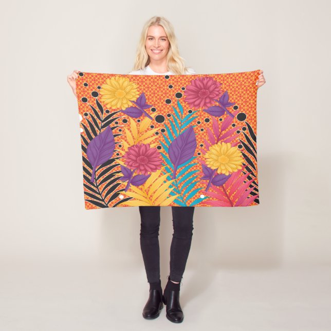 Färgblommor och löv på svart bakgrund fleecefilt (På plats)