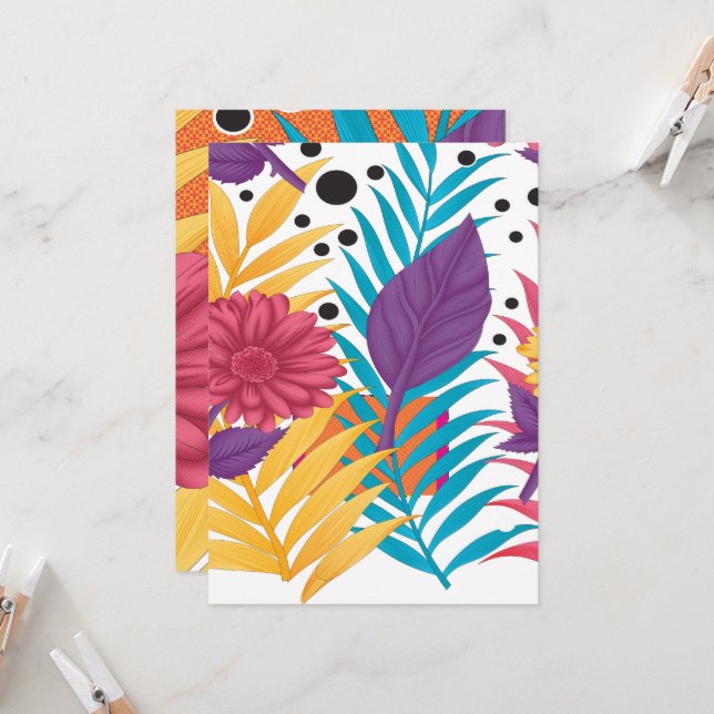 Färgblommor och löv på svart bakgrund inbjudningar (Fram/Back In Situ)