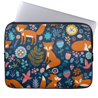 Färgblommor och rävar Retro Mönster Laptop Sleeve