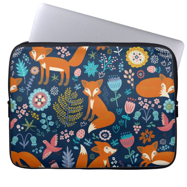 Färgblommor och rävar Retro Mönster Laptop Sleeve (Framsidan)