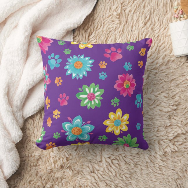 Färgblommor och Tass avtryck Pillow Kudde (Filt)