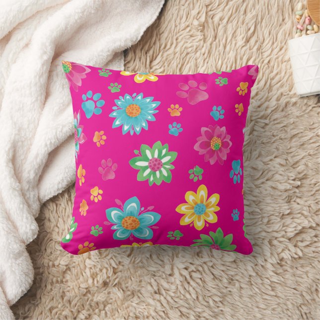 Färgblommor och Tass avtryck Pillow Kudde (Filt)