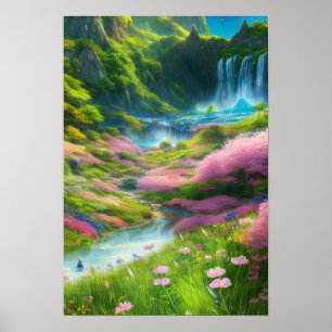 Färgblommor och vattenfall i en Grönt Valley Poster