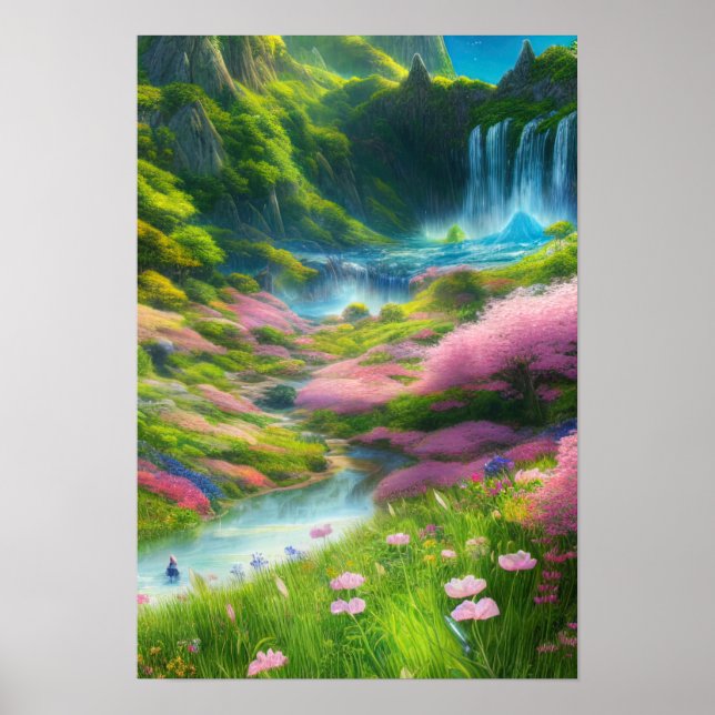 Färgblommor och vattenfall i en Grönt Valley Poster (Framsidan)