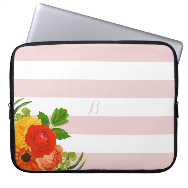 Färgblommor över vit och Rosa Rand Laptop Sleeve (Framsidan)